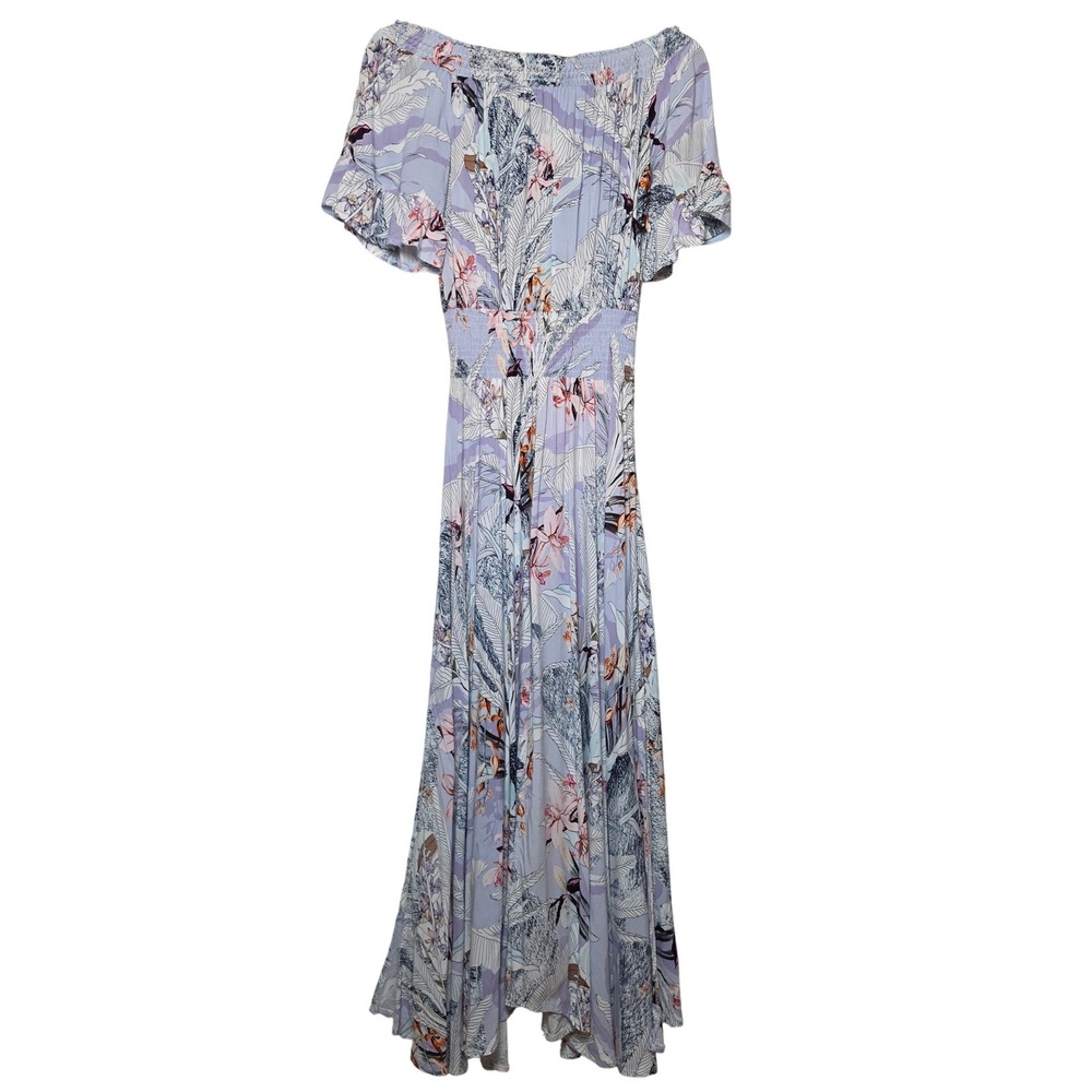 Jaase Tropical Floral Off Shoulder Smocked Maxi Dress Purple Blue XS